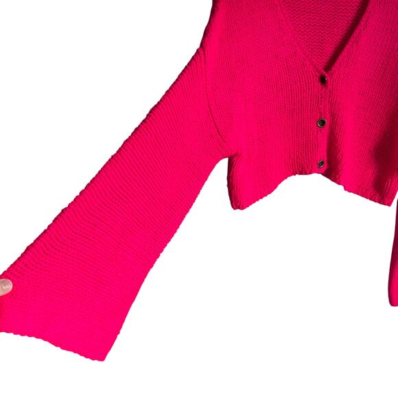 Forever 21 Bright Neon Pink Bell Sleeve Large Knit Button Up Cardigan size Large - Picture 4 of 6